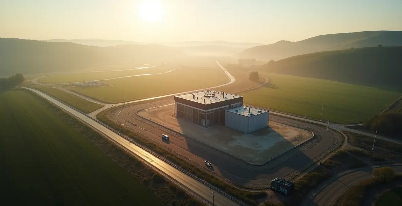 Vue aérienne minimaliste d'un chantier isérois intégré dans son environnement