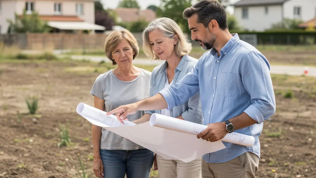 Propriétaire et ingénieur géotechnicien en discussion sur terrain constructible
