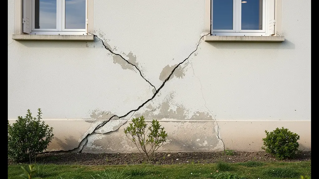 Fissures diagonales sur façade maison dues au mouvement de terrain argileux