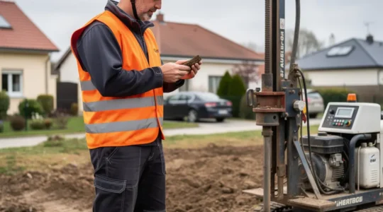 Technicien géotechnicien réalisant un sondage de sol sur terrain constructible