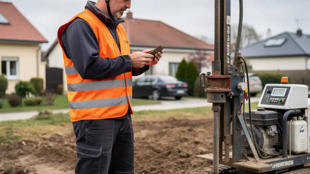 Technicien géotechnicien réalisant un sondage de sol sur terrain constructible