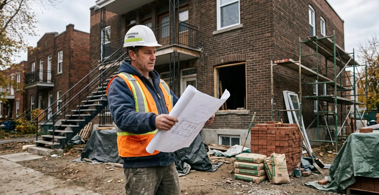 Entrepreneur général consultant des plans de construction devant un duplex montréalais en rénovation