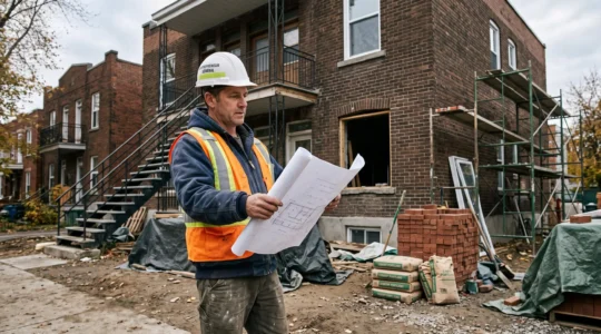 Entrepreneur général consultant des plans de construction devant un duplex montréalais en rénovation