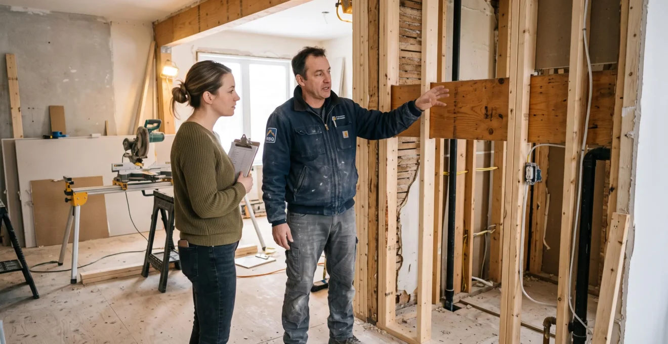 Entrepreneur certifié RBQ expliquant des détails structuraux à un propriétaire sur un chantier de rénovation montréalais