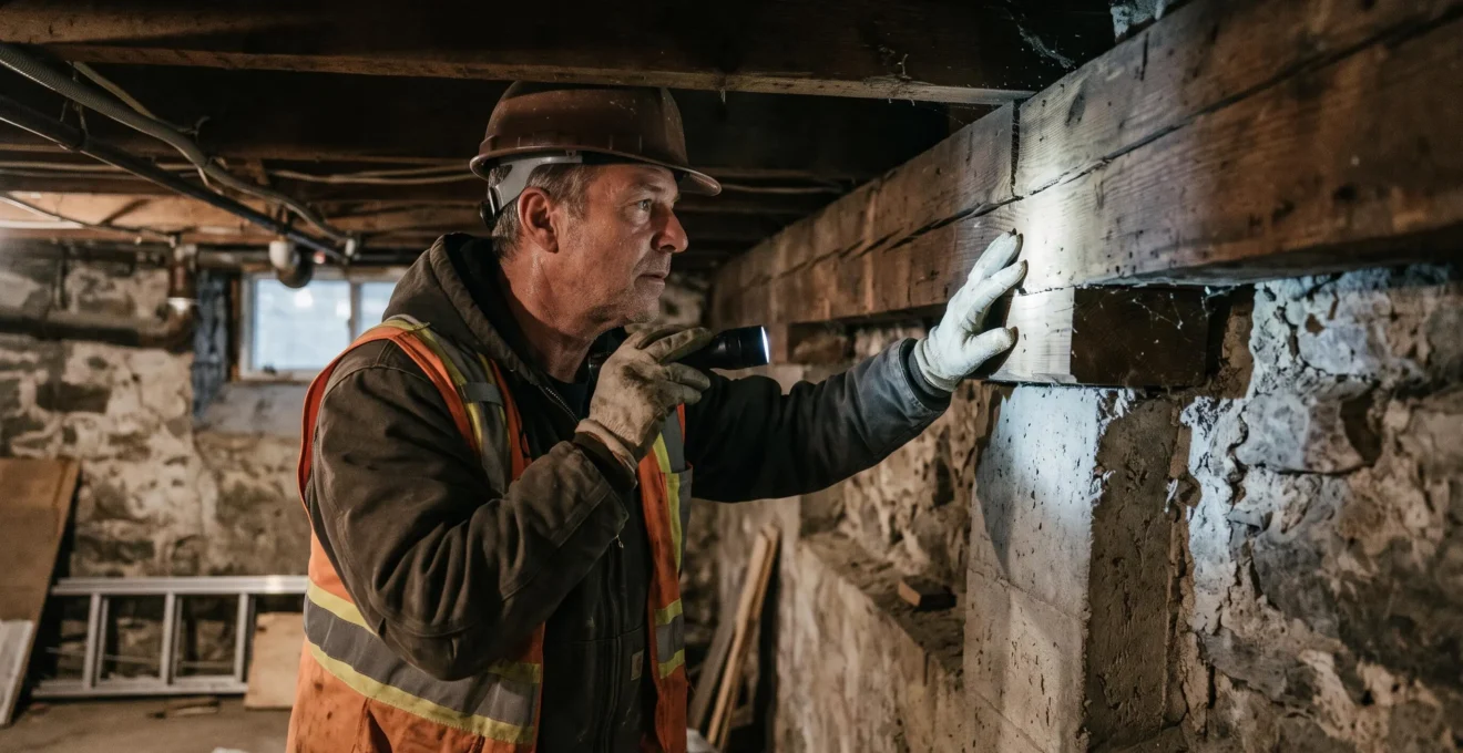 Inspecteur examinant la structure de solives de bois dans un bâtiment montréalais ancien en rénovation