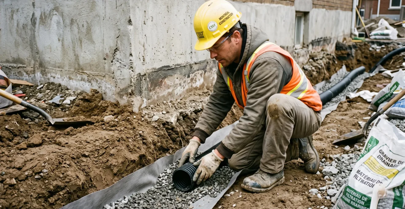 Ouvrier installant un système de drain français lors de travaux d'excavation de fondation à Montréal